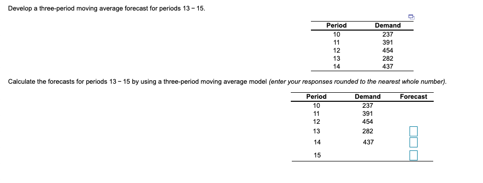 Develop a three-period moving average forecast