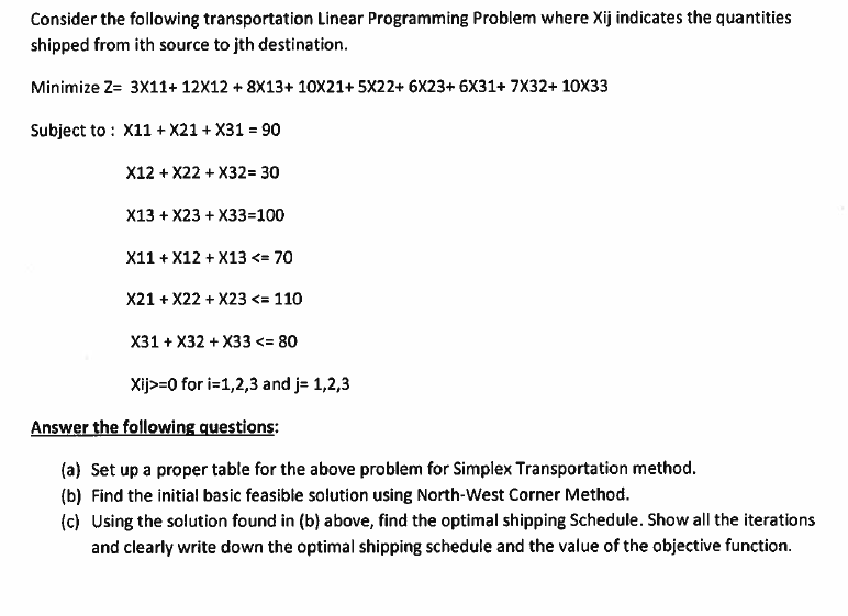 Consider the following transportation Linear