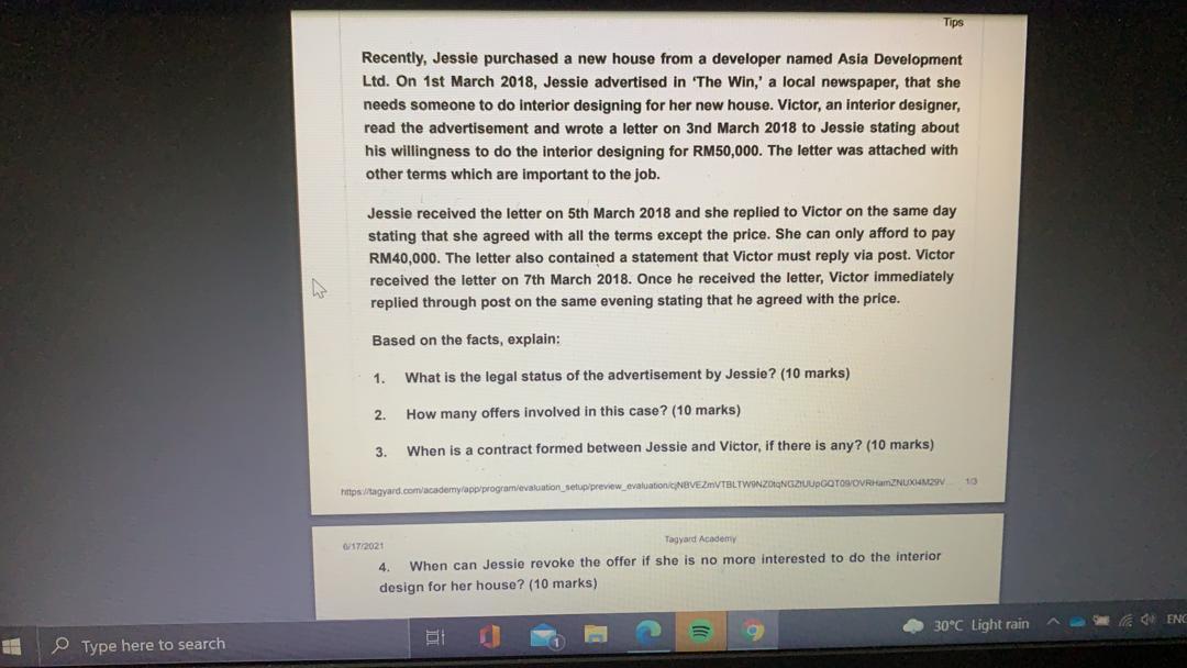 Tips Recently, Jessie purchased a new house from