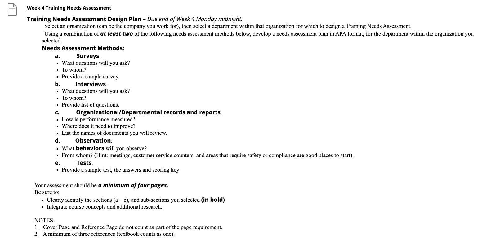 Week 4 Training Needs Assessment Training Needs