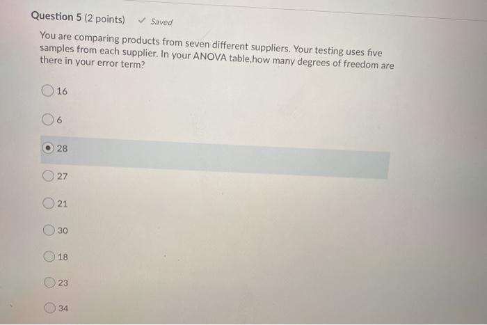 Saved Question 5 (2 points) You are comparing