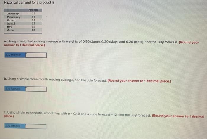 Historical demand for a product is January