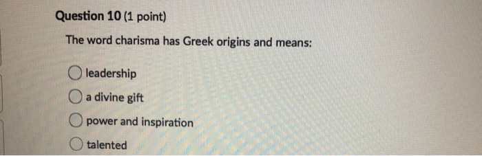 Question 10 (1 point) The word charisma has Greek