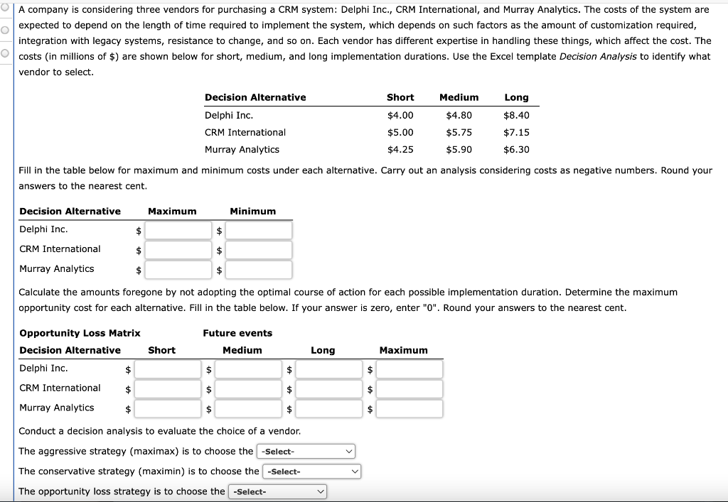 plan it o A company is considering three vendors