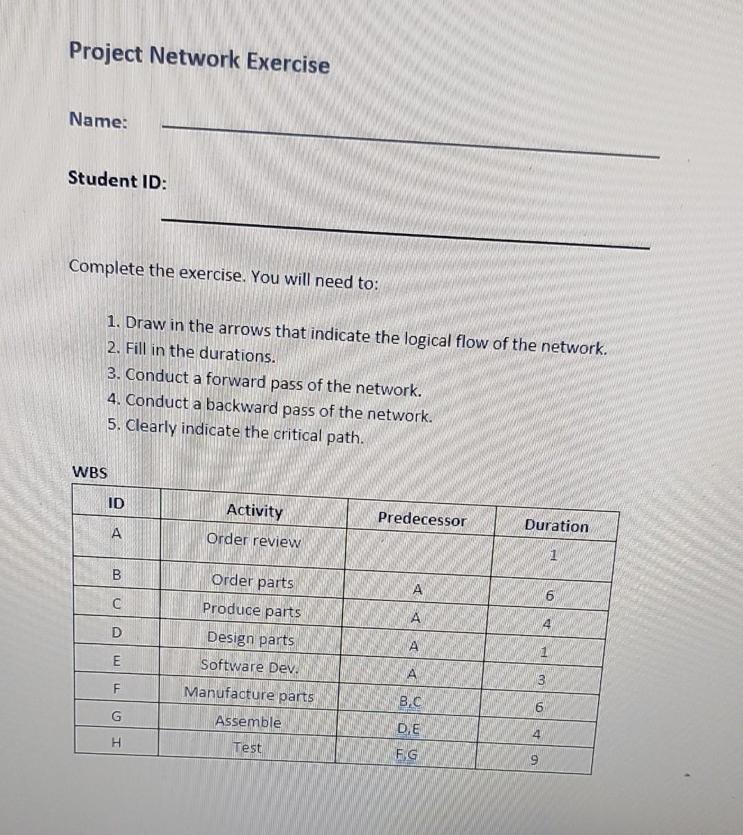 Project Network Exercise Name: Student ID: