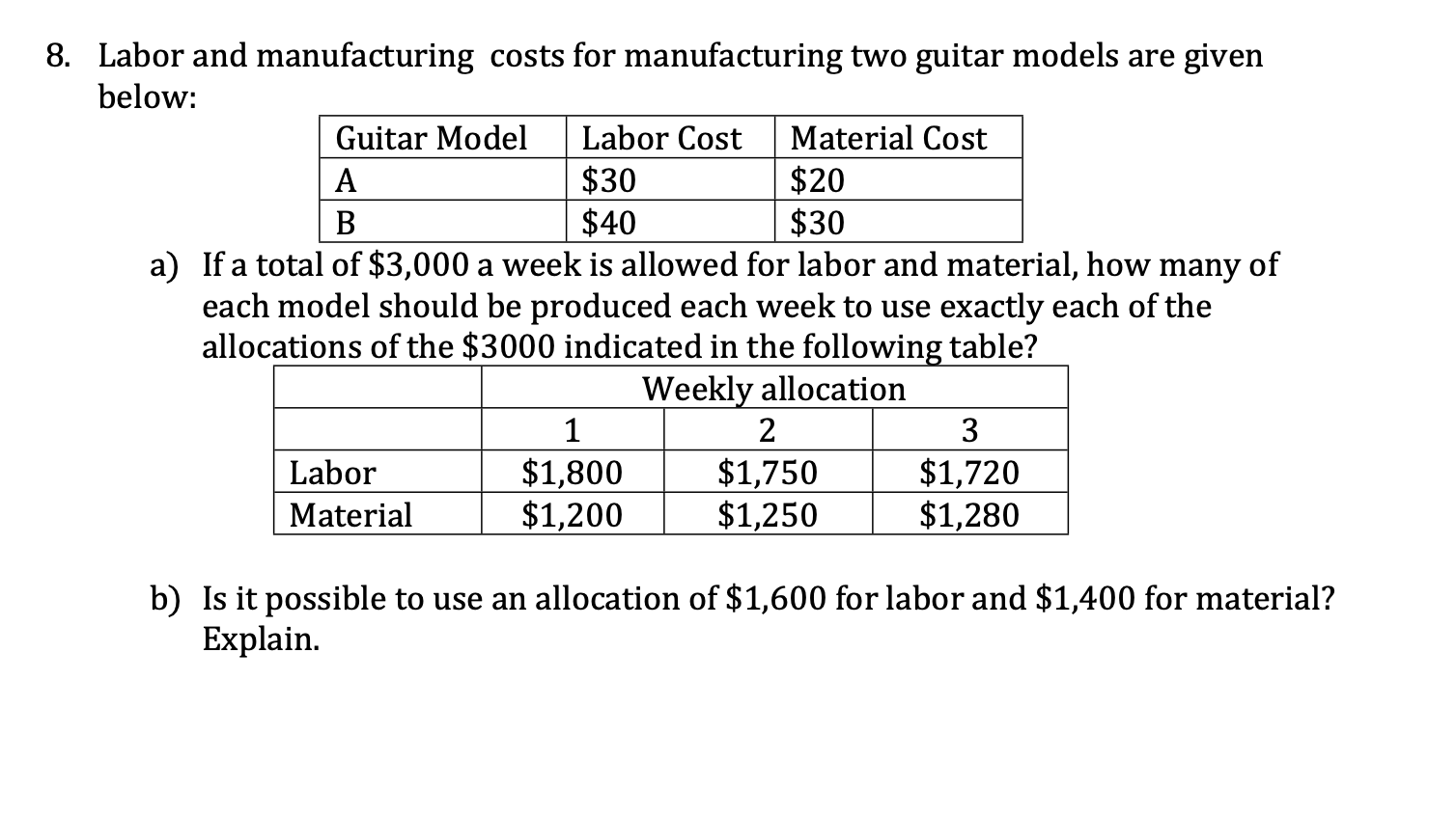 8. Labor and manufacturing costs for