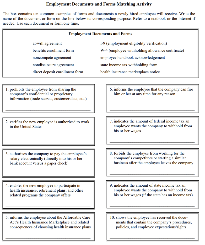 Employment Documents and Forms Matching Activity