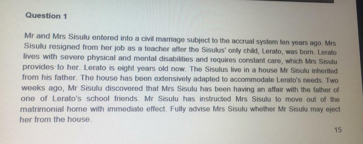 Question 1 Mr and Mrs Sisulu entered into a civil