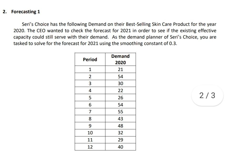 2. Forecasting 1 Seri's Choice has the following