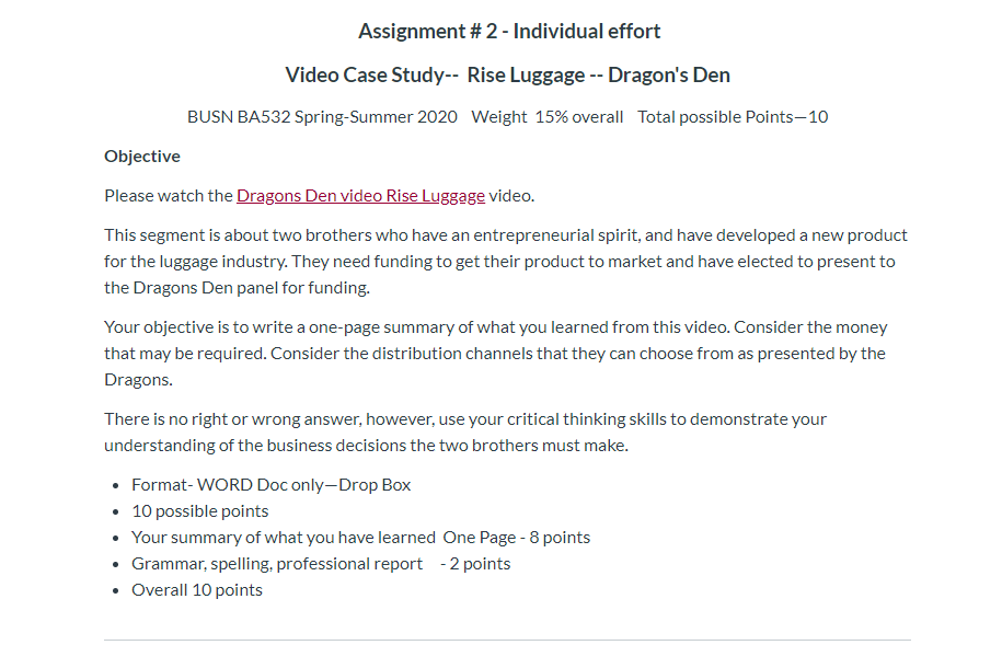 Assignment #2 - Individual effort Video Case