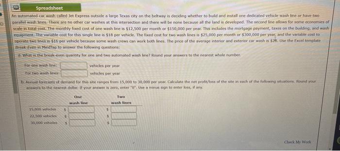 0 30 Spreadsheet An wutomated car wash called Jet