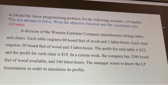 4) Model the linear programming problem for the