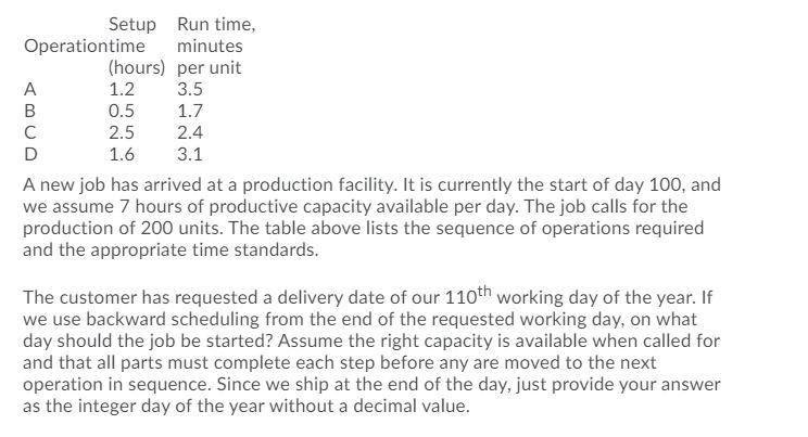 Setup Run time, Operationtime minutes (hours) per