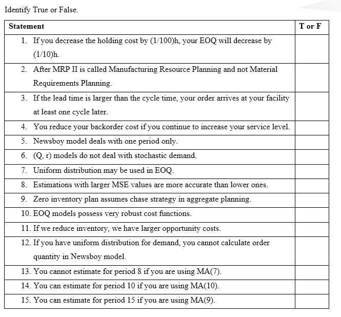 Identify True or False. Statement Tor F 1. If you