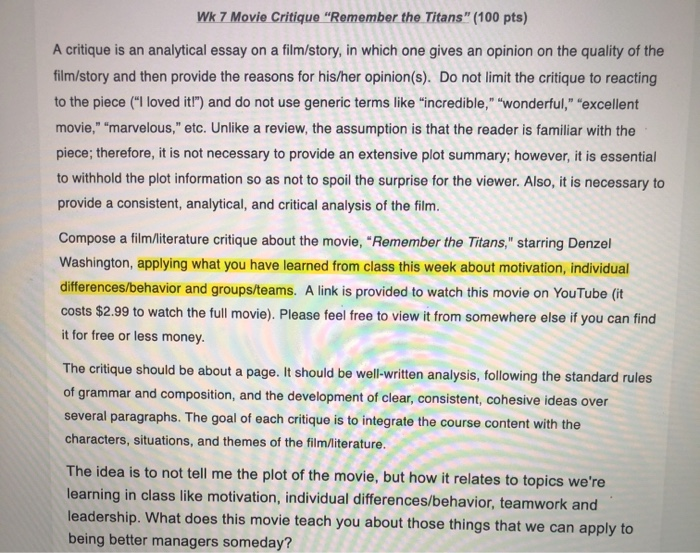 Wk 7 Movie Critique "Remember the Titans" (100
