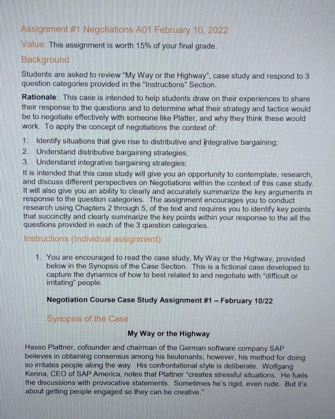 ANSWER 3RD PLEASE Assignment #1 Negotiations A01