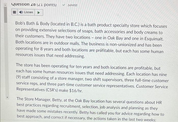 Question 28 (21 points) Savea Listen Bob's Bath &