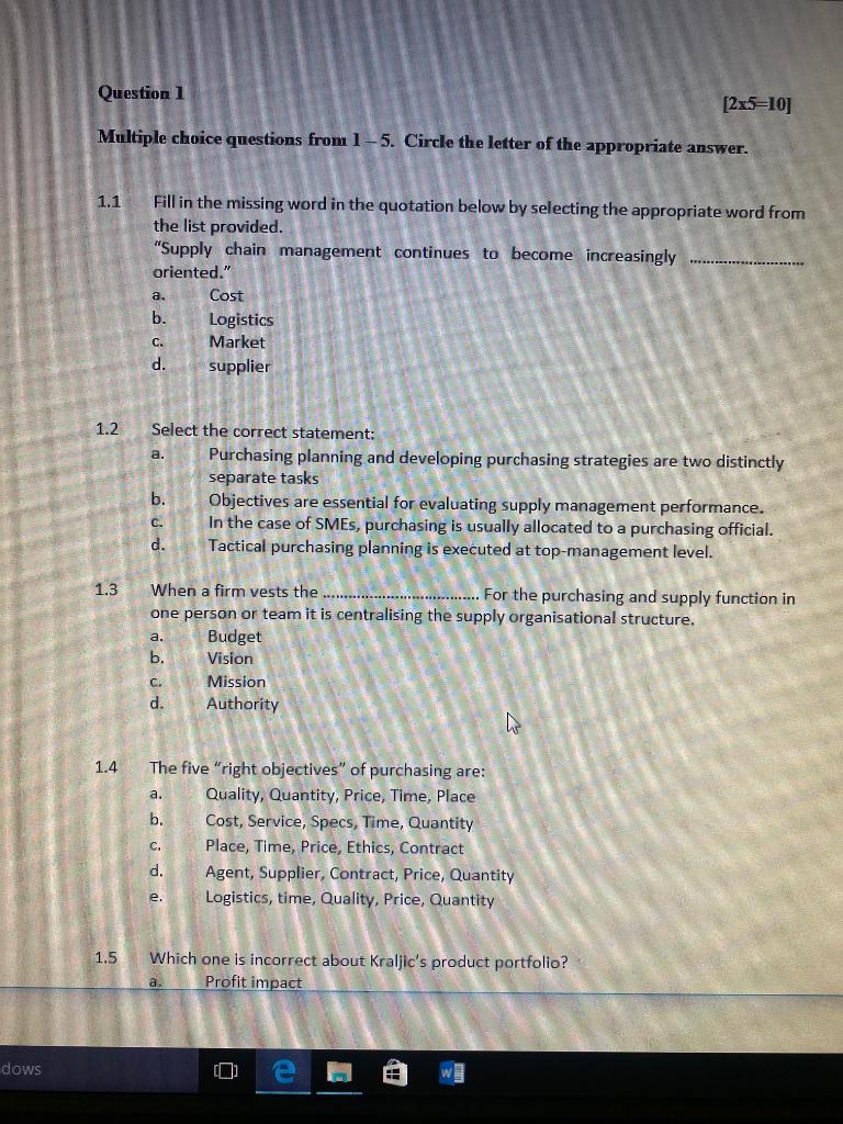 Question 1 [2x5=10] Multiple choice questions