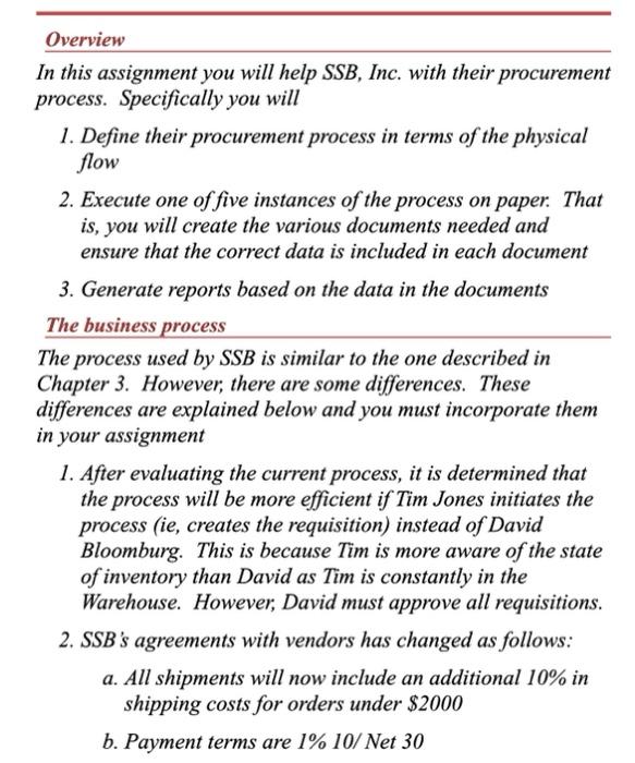 Overview In this assignment you will help SSB,