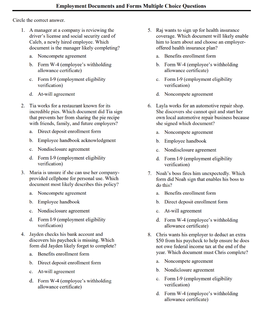 Employment Documents and Forms Multiple Choice