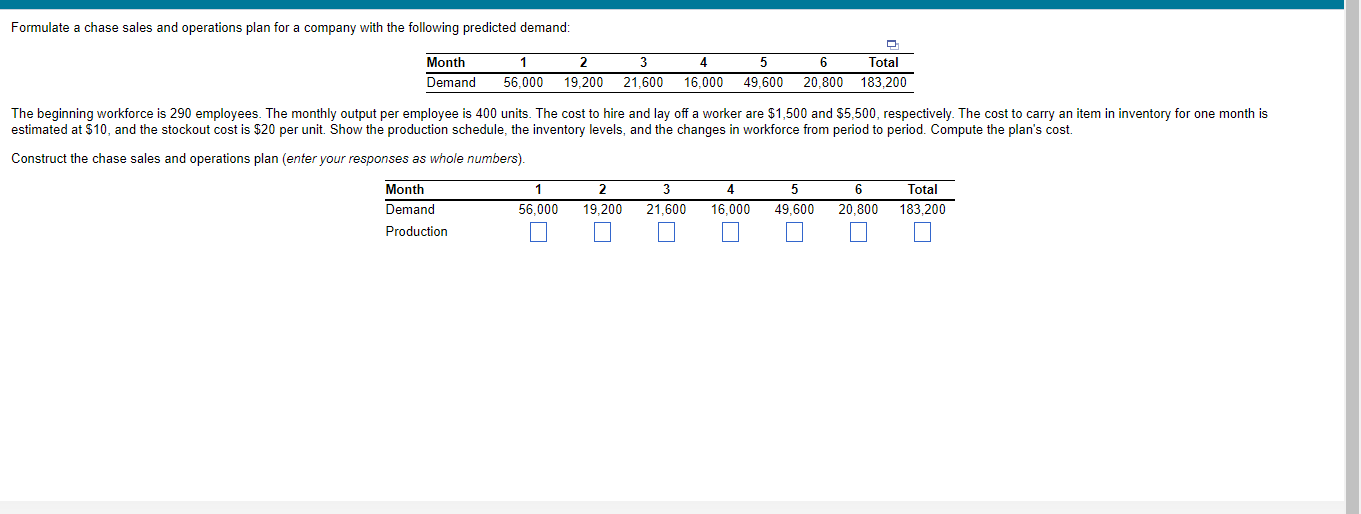 Formulate a chase sales and operations plan for a