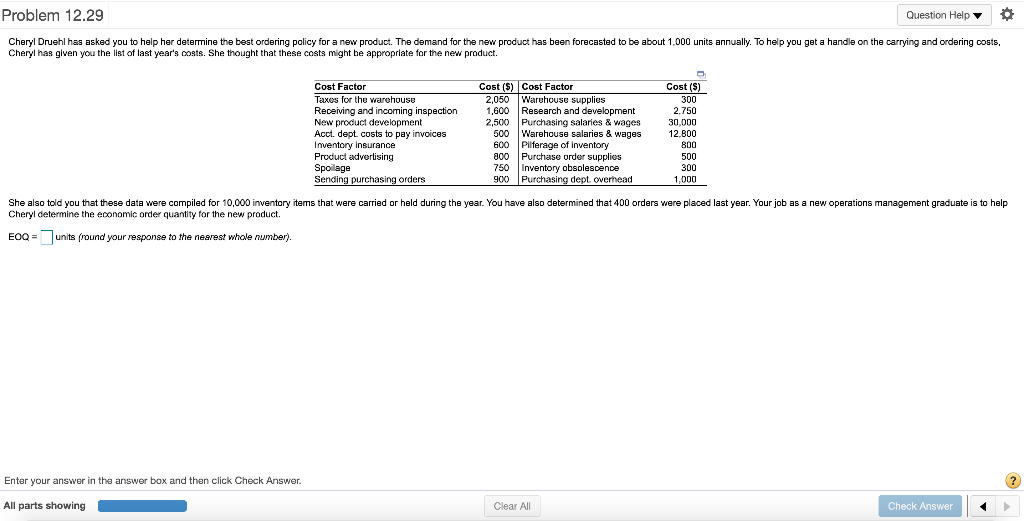 Problem 12.29 Question Help O Cheryl Druehl has