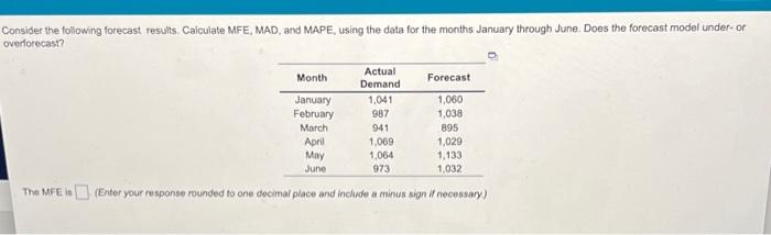 please calculate the MFE, MAD, and MAPE Consider