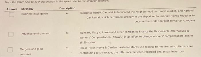 Chapt. 3 Question 2 b Place the letter next to