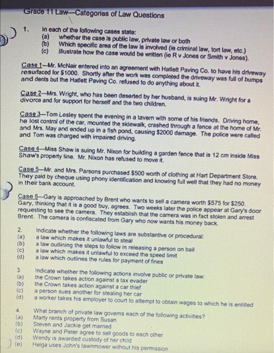 Grade 11 Law-Categories of Law Questions In each