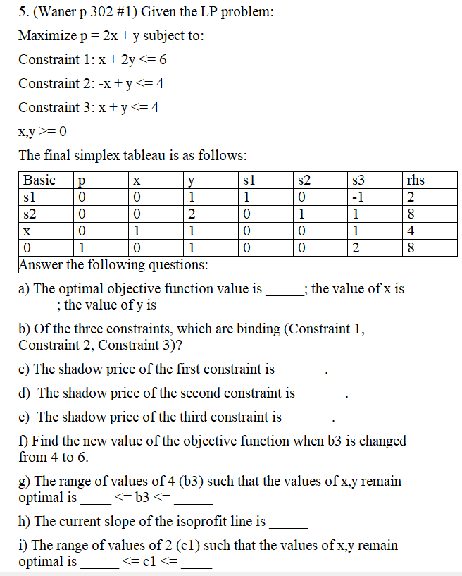Olo 1 0 1 0 1 0 5. (Waner p 302 #1) Given the LP