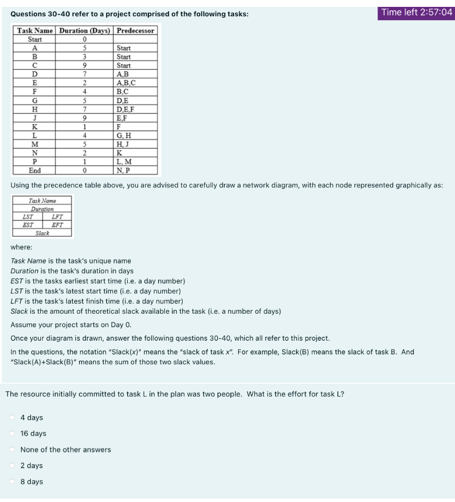 Time left 2:57:04 Questions 30-40 refer to a