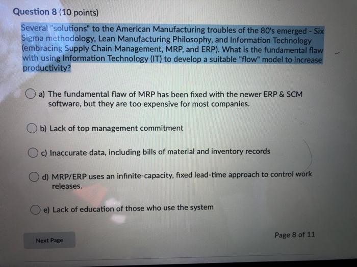 Question 8 (10 points) Several "solutions to the