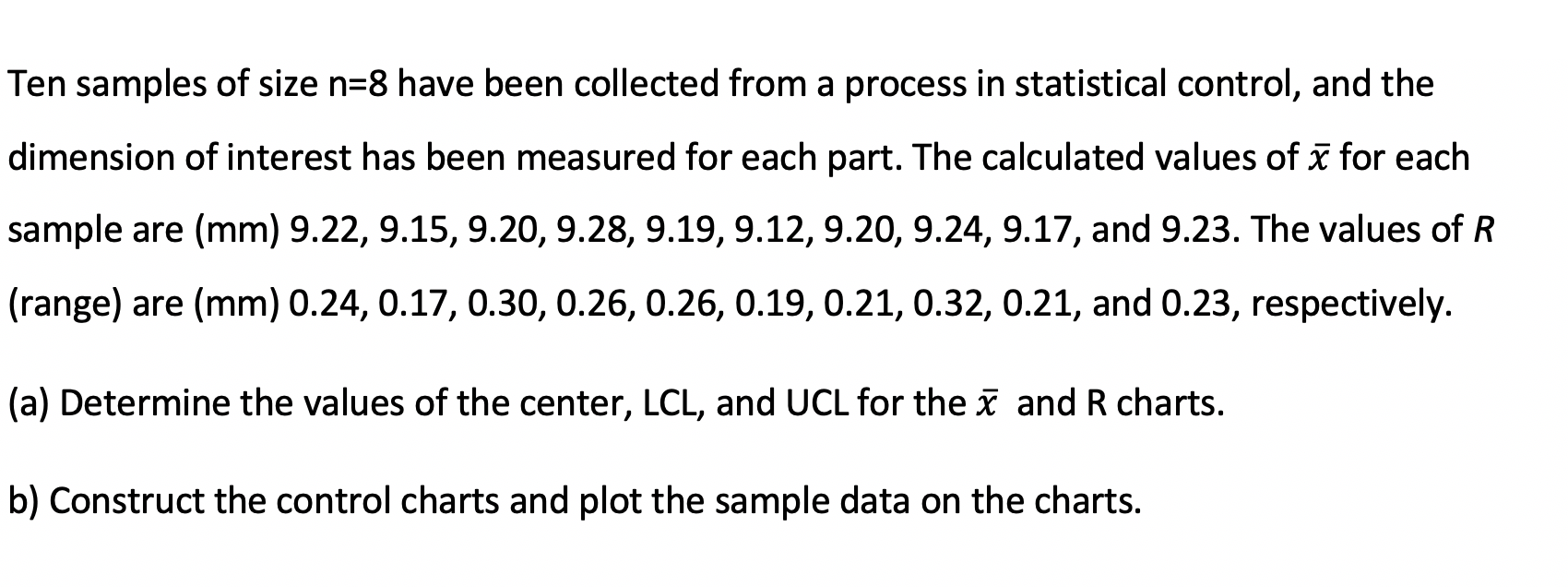 b) Construct the control charts and plot the