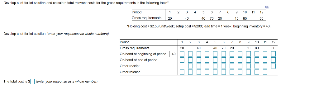Develop a lot-for-lot solution and calculate