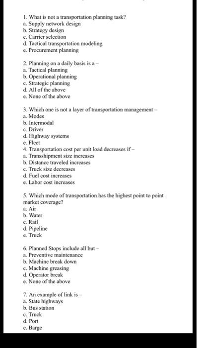 1. What is not a transportation planning task? a.
