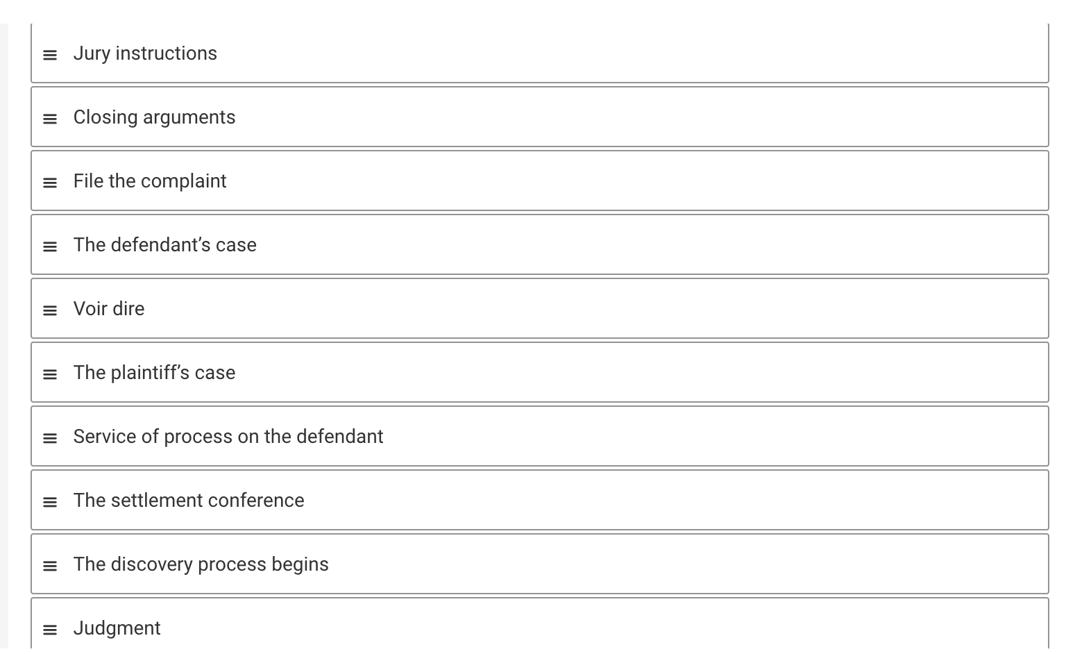 Order the steps in a lawsuit chronologically. =