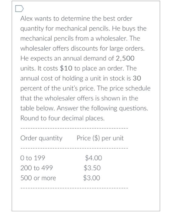 1/2 Alex wants to determine the best order