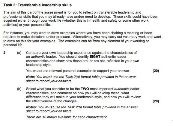 Task 2: Transferable leadership skills The aim of