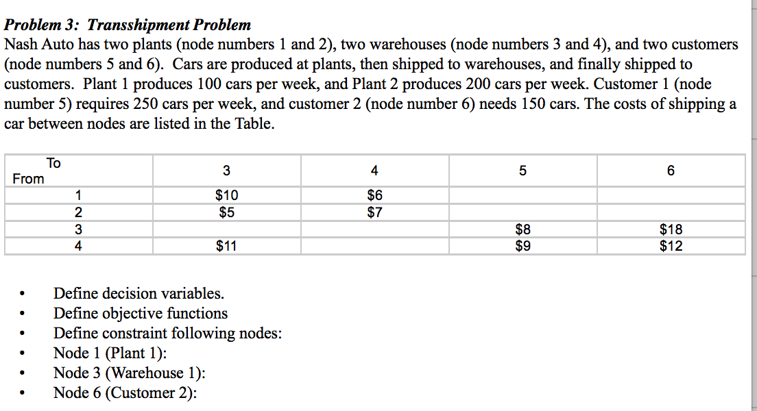 Problem 3: Transshipment Problem Nash Auto has