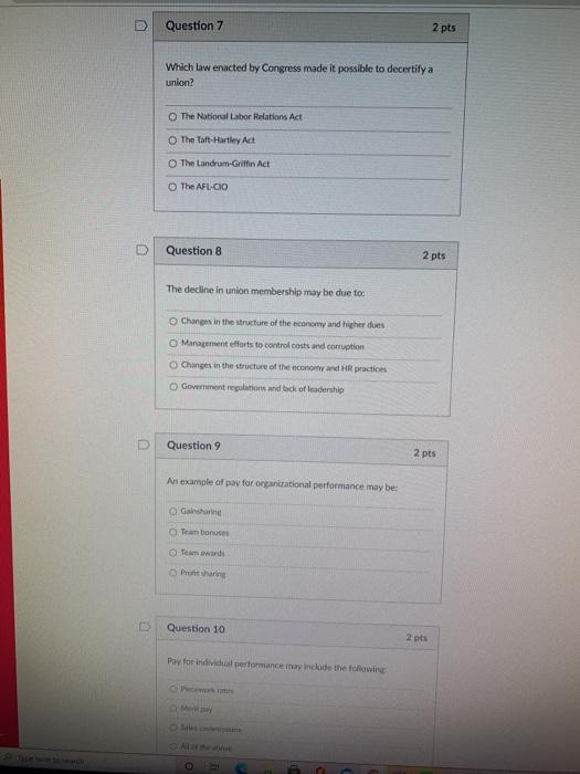 Question 7 2 pts Which law enacted by Congress