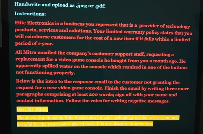 Handwrite and upload as jpeg or .pdf: