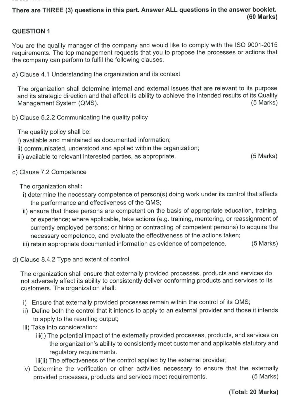 Question 1 QMSA There are THREE (3) questions in