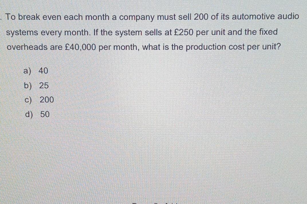 To break even each month a company must sell 200