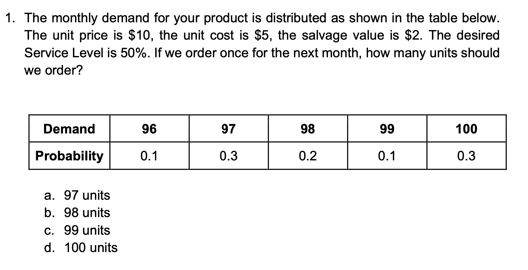 1. The monthly demand for your product is