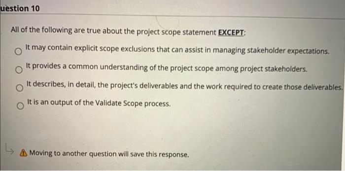 Question 9 The define scope input includes An
