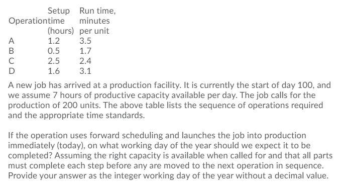 Setup Run time, Operationtime minutes (hours) per