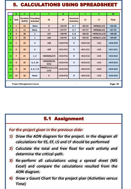 5. CALCULATIONS USING SPREADSHEET A F G K M 5