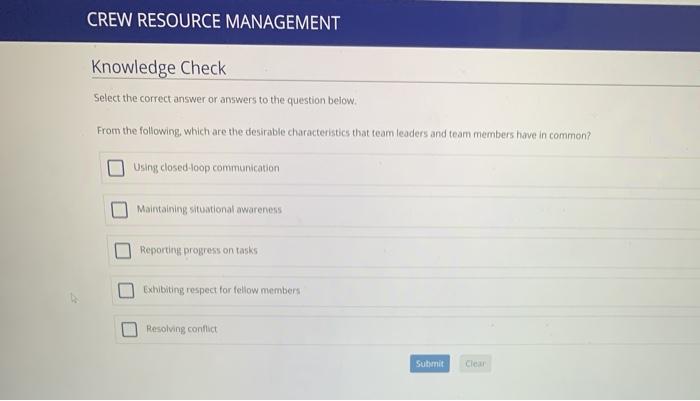 CREW RESOURCE MANAGEMENT Knowledge Check Select