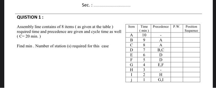 Sec. : QUISTION 1: Item Precedence P.W Position