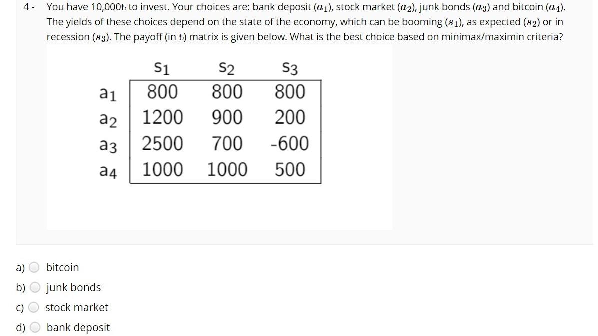 4- You have 10,000 to invest. Your choices are: